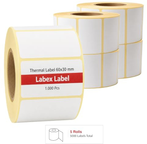 Thermoetiketten 60x30 mm auf Rolle – Lageretiketten Kommissionierung – 5 Rollen 5000 Etiketten – Thermodirekt ohne Farbband – kompatibel mit Zebra, TSC, Godex – Labex Label