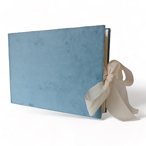 Wedding Deluxe Velvet 10x7 Guestbook with Crepe Silk Ribbon Closure, Landscape-Bound Journal for Cherished Wedding, Baby, Anniversary, or EventMemories (Vintage Blue)
