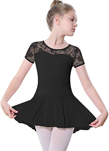 DANSHOW Mädchen Spitze Ballett Trikot für Tanz kurze Ärmel, Wassertropfen hohlen Rücken Gymnastik Trikot Tanzkleidung(5350-06-M