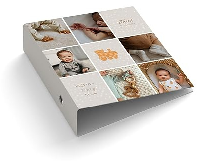Ringordner | Ordner für Kinder | personalisiert mit Fotos + Name + Geburtsdaten | Sterne | Kleine Lokomotive | Mit Griffloch | für DIN A4 | 7,4 cm breit | Geburt | Baby | Liebe