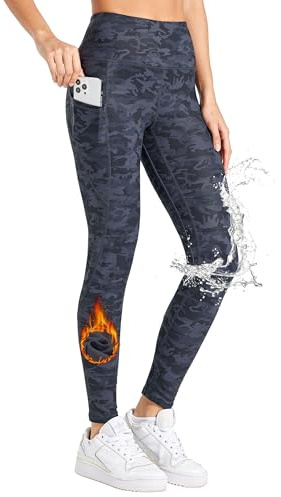 WILLIT Termoleggings dam fodrade leggings vinter vattentäta termobyxor hög midja varma yogabyxor löparbyxor tights, Svart kamouflage, S