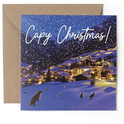 1 x Grußkarte – Merry Christmas Capy Xmas Capybara Ski Snowboard Skifahren Tiere Haustiere Festlich Winter Kinder Happy Aesthetic Art #81219