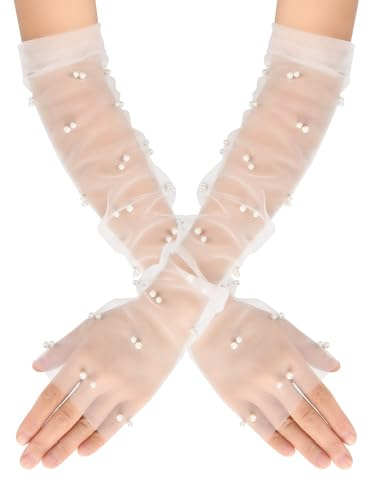Lusofie Guanti in Tulle Bianco a Rete Senza Dita Guanti Bianchi Lunghi Trasparenti Perlati Guanti da Sposa Matrimonio da Donna Tea Party Halloween Accessori Cosplay