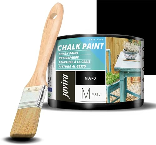 JOVIRA PINTURAS Chalk Paint - Vernice gessata all'acqua opaca + Pennello speciale per legno. Rinnovate i vostri mobili con creatività. (375 Millilitri, Nero + Pennello)