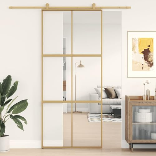 Gecheer Puerta corredera, kit de montaje, de vidrio ESG y aluminio, dorado y transparente, 90 x 205 cm, rejillas 3 x 2, juego de puertas correderas de vidrio y aluminio