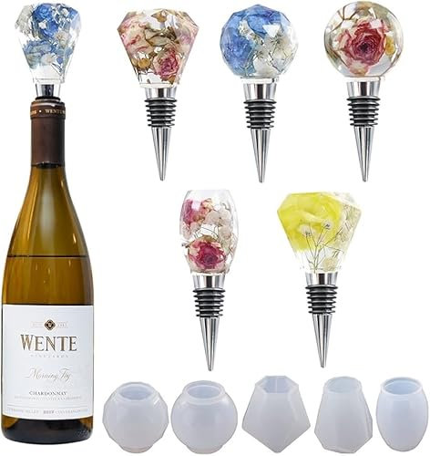 Bottle Stopper Resin Mold Set,5 PCS Bottle Stoppers Crystal Epoxy Silicone Mold with 5 PCS Wine Cork, Crystals Gem Shape Resin Epoxy Molds for DIY Casting Crafts Making