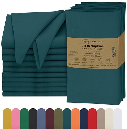 Ruvanti Stoffservietten, 45,7 x 45,7 cm, 100% Baumwolle, waschbar, weich und saugfähig, perfekt für Hochzeit, Weihnachten, Thanksgiving-Abendessen, Dunkles Blaugrün, 12 Stück