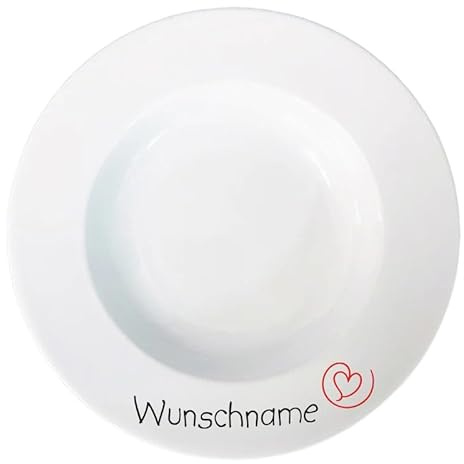 Teller Müslischale Tasse Frühstücksservice mit Name bedruckt - Serie Herz - Geschirr mit Wunschnamen selbst gestalten - individuell personalisiert - hochwertiges Porzellan (Suppenteller Rund)