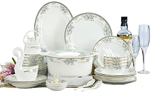 Juegos de vajilla Juego de platos,Juegos de cena de cerámica de 48 piezas,Tazón/Plato/Olla de sopa/Cuchara| Juego de vajilla combinada con estampado floral para regalo