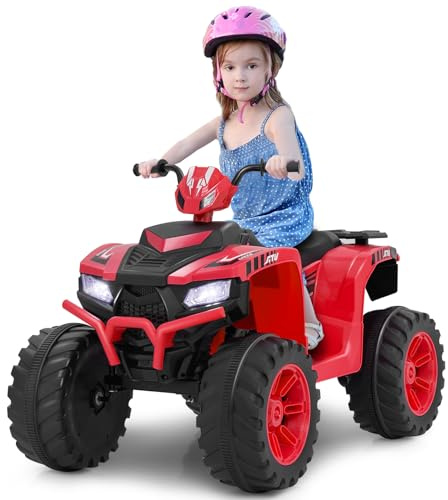 COSTWAY 24V Elektro Kinderquad, Elektroquad mit drahtloser Verbindung, Musik, Radio, Profilreifen, LED-Leuchten, 2 Geschwindigkeiten, Elektro Quad für Kinder von 3 bis 8 Jahren (Rot)