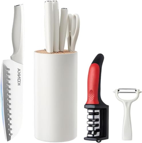 Kitchen Knife Set, 7 Pieces Stainless Steel Knife Set with Block, High Carbon White Kitchen Knife Set with Ergonomic Handle for Chopping Slicing Dicing Cutting (White)