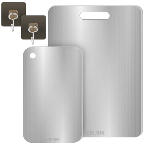 OCCOUMR 2 Taglieri in Titanio, Acciaio Inox, Doppio Lato, Portatile, Facile da Pulire, Da Appendere, 39 x 28 cm + 25 x 15 cm, per Carne, Frutta e Verdure