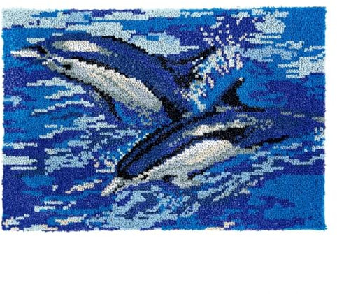 N.LANSHAN Diy Knüpfteppich Zum Selber Knüpfen Knüpfkissen-Set Mit Delfin-Tiermotiv，Meereslebewesen，Diy-Knüpfteppich-Set Für Anfänger，Unfertiger Häkelteppich，Stickteppich 21x29in