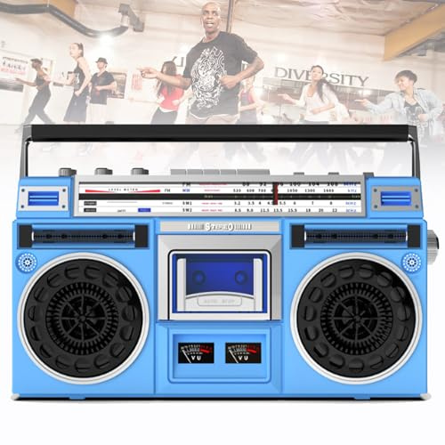Lecteur de cassettes CD rétro Boombox, style des années 80, boombox à cassette portable, prise en charge de l'entrée SD/USB, avec radio AM/FM, pour les réunions de famille et les voyages,Blue