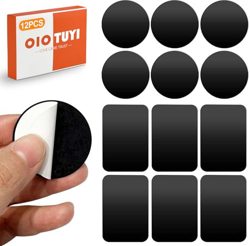OioTuyi 12 Stück Metallplatten für Magnet Handyhalterung, Selbstklebende Magnetplatten Set, Metallplättchen, Rechteckig und Rund, Auto Handy Zubehör, Schwarz