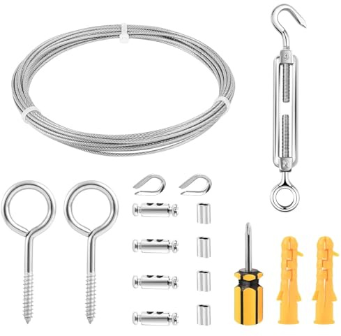 ACESOME 304 Stainless Steel Wire Rope Kit With PVC Cover, Metal Wire With Rope Turnbuckle Tensioner Kit and Eye Screw, Rope Crimping Loop Sleeves for Cable Railing Clothesline Balustrades (6m kit)