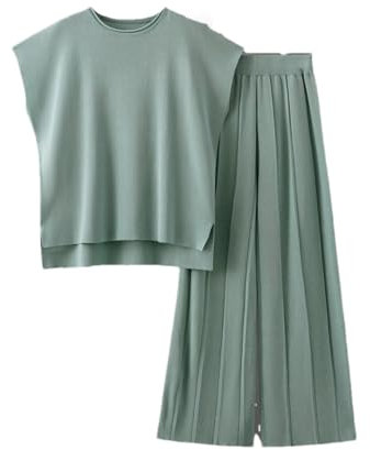 2-teiliges Strickset für Damen, Strickpullover, Pullover, Tops, Pit-Streifen, weites Bein, Hose, Anzug, Strickwaren, 2-teiliges Set, En8, Einheitsgröße
