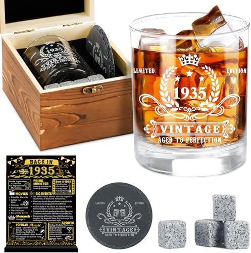 Amosking 90th Birthday Gifts for Men,Vintage 1935 Whiskey Glass Set,Wood Box & Whiskey Stones & 1935 Poster Anniversary Card & Coaster,Birthday Gifts Ideas for Him,Husband,Dad