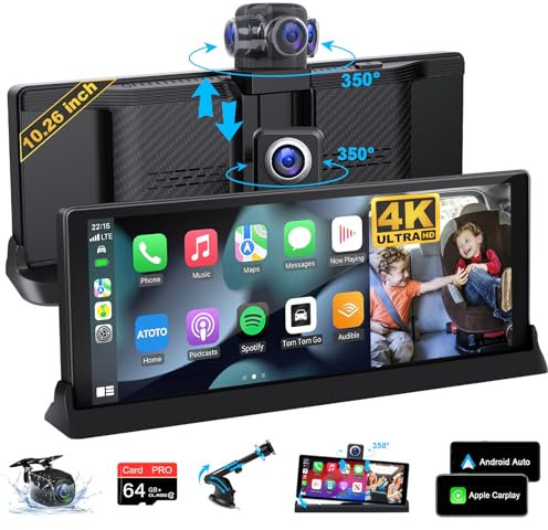 Vtopek 4K Carplay Schermo Carplay da 10,26 Pollici per Auto con Telecamera Frontale Girevole a 350° Wireless Carplay Android Auto con Staffa Unica Autoradio Car Play con Siri Bluetooth Navigazione