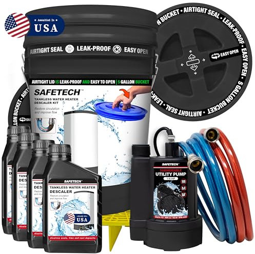 Safetech Tankless Water Heater Flushing Kit with 5-Gallon Screw-Top Lid, Premium Hoses, 1/6 HP Utility Pump, 4 Quarts Descaler, and Pump Grate