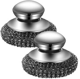 Steel Wool Scrubber, Stainless Steel Scourers with Handle, Detachable Heavy Duty Dish Brush Pot Scrubber, Metal Scourer for Cleaning Kitchen Pots Pans, Grills, Sink (2 pieces)