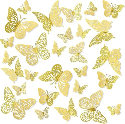 CFifHtOL Gold Schmetterling Wand Deko, 72 Stück 3D Schmetterlinge Wandsticker, Art Deco Stil, Für Wände und Kunststoff, Vinyl Material