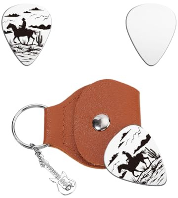 UNICRAFTALE 1 Stück Gitarrenplektren Geschenk Edelstahl Gitarrenplektren Desert Cowboy Personalisiertes Plektrum PU Lederhülle Gitarrenzubehör Für Den Geburtstag Musikerliebhabern