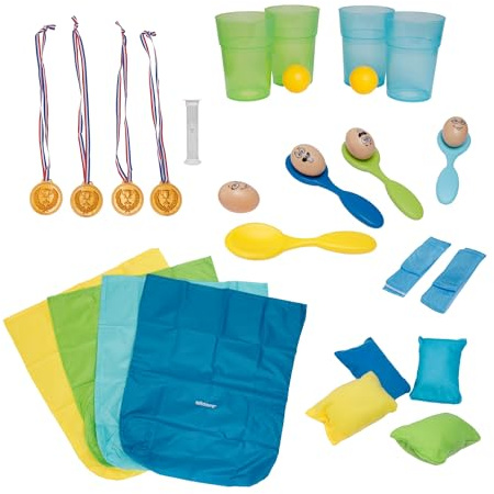 alldoro 60346 XXL Kinder-Partyspiele 29-teilig, 5 Outdoor-Spiele für Kinder-Geburtstag, Gartenspiele mit Eierlauf & Sackhüpfen
