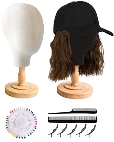 CHADWICK Canvas & Black 21 Inch Mannequin Head Set with Detachable Wood Stands, for Wig Making, Hat and Jewelry Display – Includes 7-piece Crocodile Clip & Comb Set, Multi-Color Pin Tray