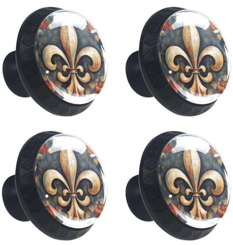 Lot de 4 boutons de tiroir en forme de fleur de lys avec base noire - 35 mm - Pour cuisine, chambre à coucher, placard