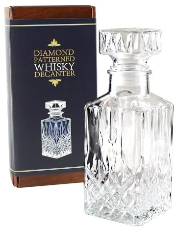 Kimm & Miller Carafe à whisky classique en verre avec bouchon (900 ml) – Finition style verre taillé à motif diamant – Coffret cadeau de luxe pour homme et femme