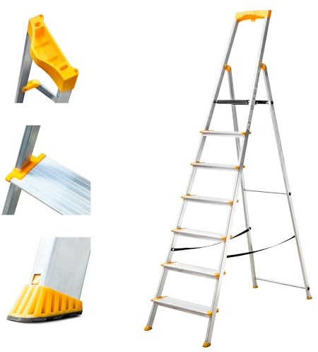 HOSTRÖM Escabeau 7 marches en Aluminium, Escabeau Pliable sécurisé, Porte-Outils, Marches Extra-Large 12cm, Usage Domestique et Pro, Garantie 5 Ans