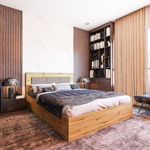 FURNISTAR Doppelbett ARTIS 140x200 mit Bettkasten - Holzbett Bettrahmen Lattenrost und Kopfteil Bett aus Holzwerkstoff Artisan Eiche mit Stauraum - Graubraun