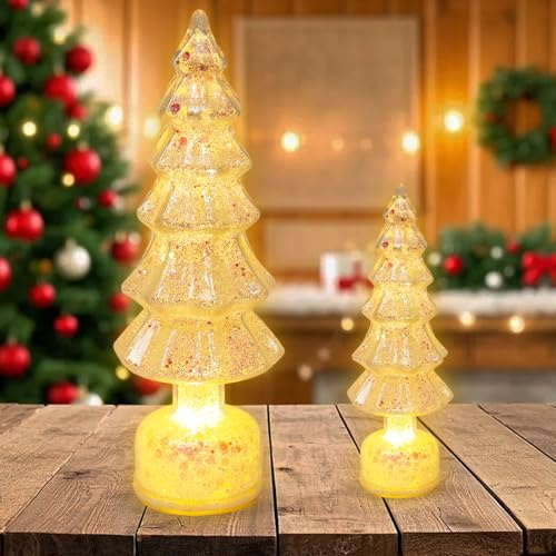 Kleiner Weihnachtsbaum mit Beleuchtung, 2 Stück Mini Weihnachtsbaum, Acryl-Tannenbaum, LED Warmlicht, 24 Cm/14 Cm, Batteriebetrieben, für Familienfeiern, Fensterbänke, Wohnzimmer, Tischdekoration