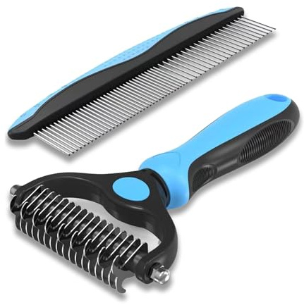 2 stycken Hundborste, Hund- och kattborste, husdjursborste, Groomingverktyg för husdjur, Rostfritt Stål, TPR Handtag, 2-i-1 Kam & Mattelösare – Tar Bort Lössittande Hår, Tofsar och Knutar (Blå)