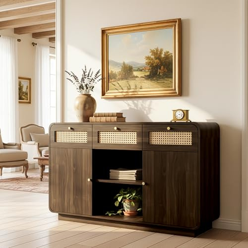 Kebnor Kommode Sideboard 120cm Nussbaum, Schubladenschrank mit Rattan & Goldgriffen, 3 Schubladen + 2 Schränke + offenes Regal, Höhenverstellbare Einlegeböden, H85/B120/T40 cm