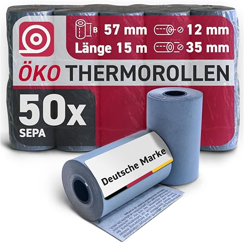 GEBONGT24 Blue4est® Öko Thermorolle 57 mm x 15m x 12 mm - umweltfreundliches Thermopapier 52 g/m² - 50 Kassenrollen mit ca. 35 mm Rollendurchmesser - Ökobon für EC-Cash und Kassenbondrucker