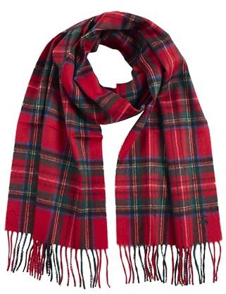 Brooks Brothers Wool and Cashmere Woven Patterned Scarf with Twisted Fringe - Men's Luxury Winter Scarf, 66-inches x 12-inches, Red Multi Stewart Plaid
