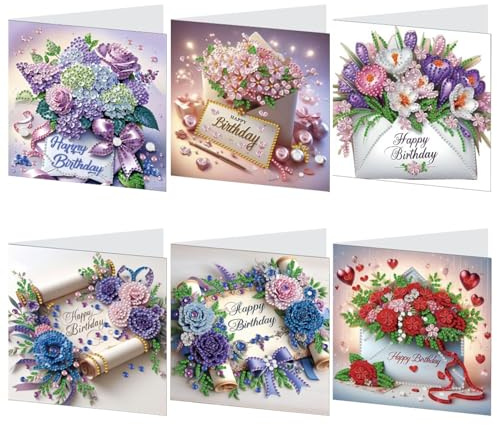 6 Stück Diamond Painting Grußkarten Diamond Painting Frühling Karten Geburtstag mit Umschlag, DIY Blumen Diamant Malerei Geburtstag Postkarte Frühling Basteln Geschenk Für Papa Mama Familie Freund