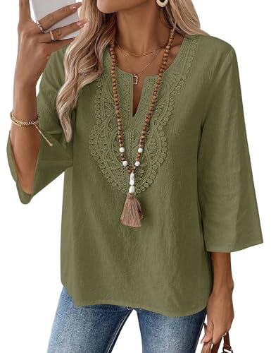 Rapbin Damtoppar 3/4 ärm v-ringad bomull linne casual blusar lös passform boho spets tunika, Armégrönt, XXL