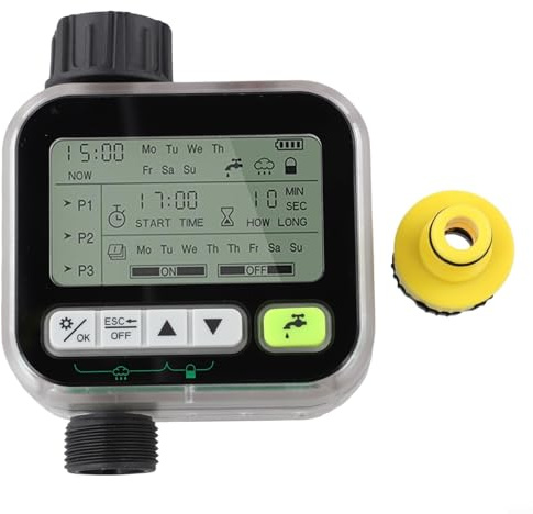 Besttoolifes Temporizador de riego automático para jardines - Para temporizador de manguera programable con sensor de lluvia, pantalla LCD grande, bloqueo de seguridad infantil y clima IPX5