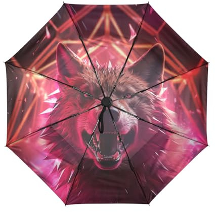 Linnyio Lobo De Luz De FantasíA Rojo Paraguas de Viaje Resistente al Viento Apertura Cierre AutomáTicos,Compacto con ProteccióN Solar UPF 50+ Ideal para JóVenes Chicas