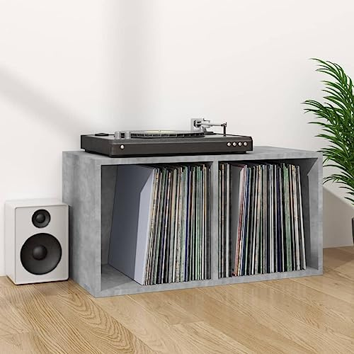Ordellia Boîte de rangement pour disques vinyles gris béton 71 x 34 x 36 cm avec 2 compartiments pour disques vinyles et accessoires pour ranger le salon