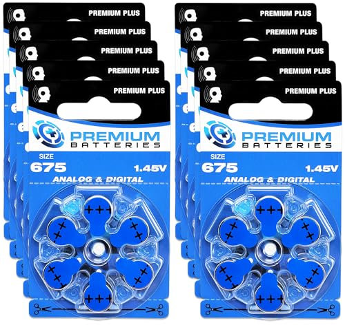 Premium Batteries Size 675 PR44 1.45V Hearing Aid Batteries Blue Tab (60 Batteries)