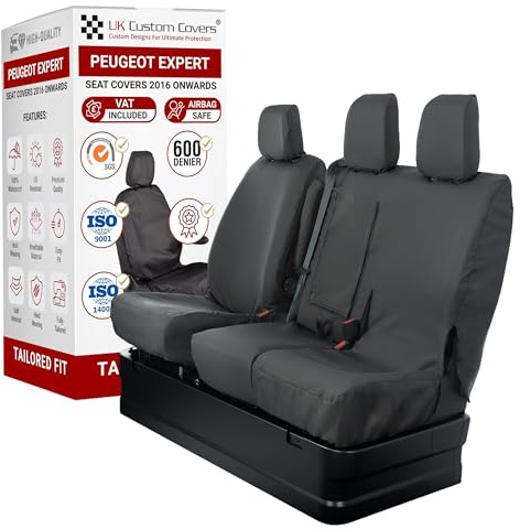 Seat Covers to fit the Peugeot Expert 2016 On Waterproof, Heavy Duty, Seat Mounted Airbag Compatible, Durable, Easy to Fit - Tailored Drivers and Double Passenger Seat Covers With Tray