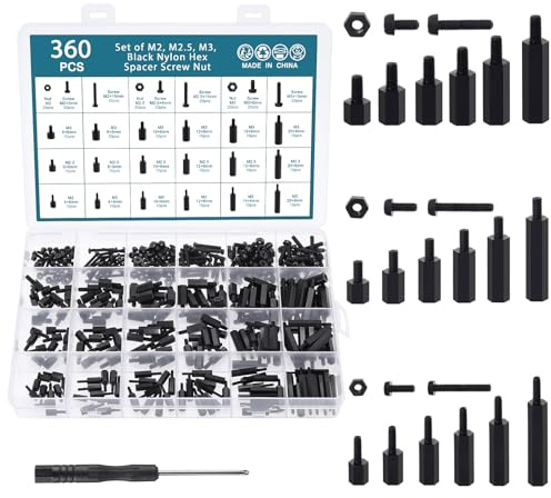 HSeaMall 360PCS M2 M2.5 M3 Nylon schwarz Hex Spacer Schraube Mutter Standoff Zubehör Sortiment Kit männlich zu weiblich