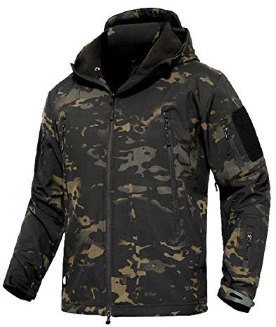 YFNT Herren Taktisch Softshell Fleecejacke Camouflage Hoodie Wandern Winddicht Wasserdicht Mantel Jacken Skijacke, Nacht Tarnung, XXL