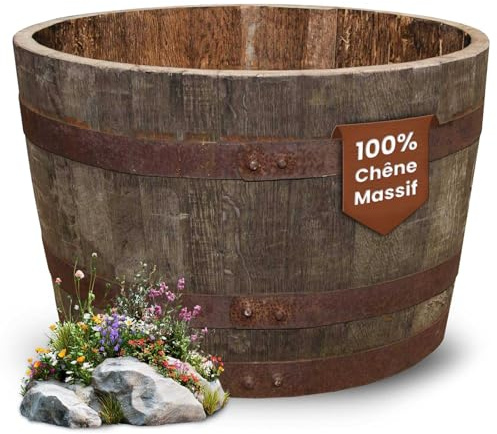 Temesso Demi-tonneau, Pot de Fleur Original d'un Baril à Whisky (Nature sans Extras)