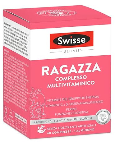 SWISSE Ultivit- Multivitaminico Ragazza con Zinco e Vitamine per Riduzione Stanchezza e Supporto Sistema Immunitario, Integratori con Ferro per Mantenere Funzione Cognitiva, Made in Italy 60 Compresse