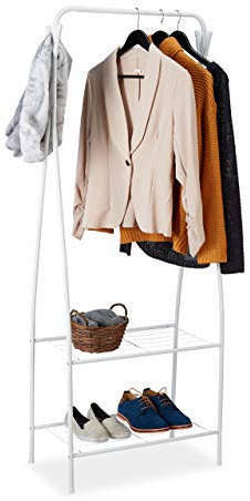 Relaxdays klädhängare metall, 2 hyllor och 4 krokar, klädskena, hall och omklädningsrum, mantelstativ, 158 x 60 x 33 cm, vit